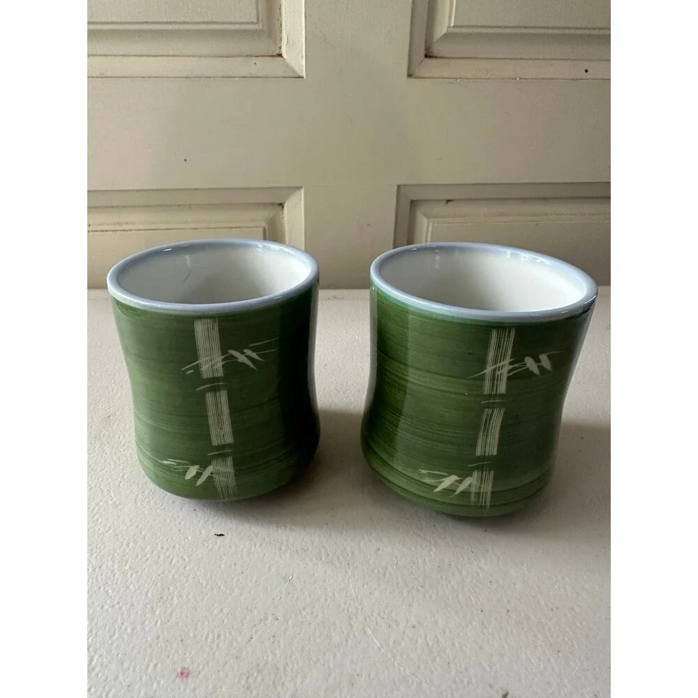 2 Vintage Kafuh Japan Traditional Japanese Bamboo Motif Yunomi Tea Cups